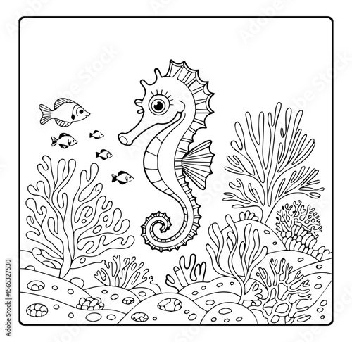 Sea horse underwater ocean beautiful scenery vector outline illustration coloring page for kids