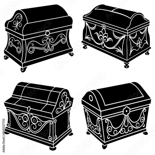 Four antique chests with ornate designs in black and white vector illustration isolated on white