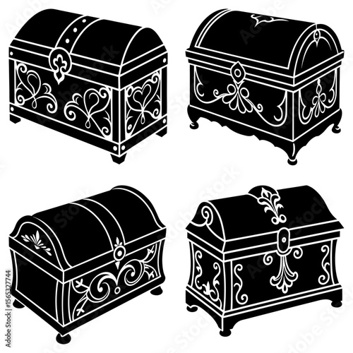 Four black and white ornate treasure chests with curved lids and decorative scrollwork designs displayed