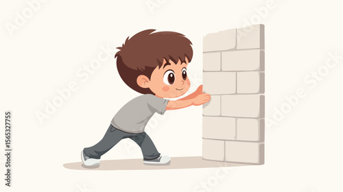 Young Boy Pushing Gray Wall, Determination and Strength Concept