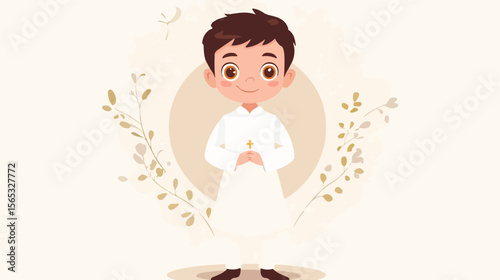 Young Boy First Communion Flat Vector Illustration