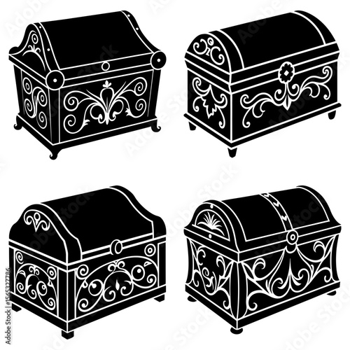 Illustration showing four antique chests with ornate designs in black and white silhouette style art