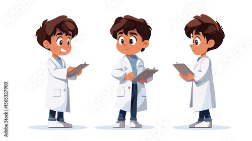 Young Boy in Lab Gown with Notebook on White Background Vector Illustration