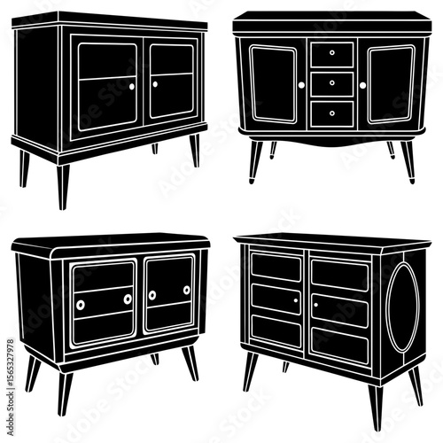 Four black and white vintage cabinets with drawers and doors on legs in a vector illustration