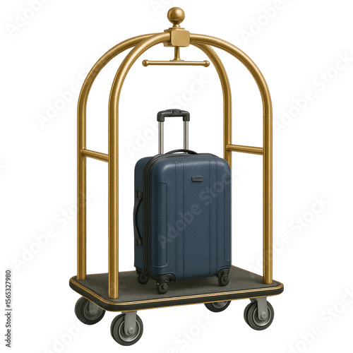 Elegant Gold Luggage Cart with Dark Blue Suitcase Hotel Travel Transportation