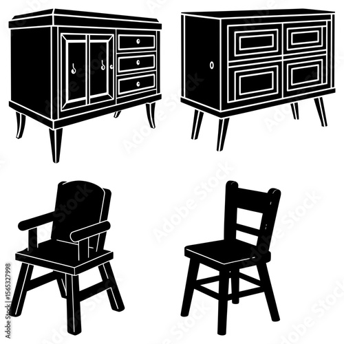 Illustration of two cabinets with drawers and doors and two chairs with backrests in black and white