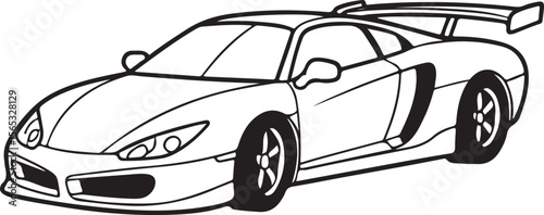 A clean and detailed black and white line art illustration of a high-performance sport racing car.