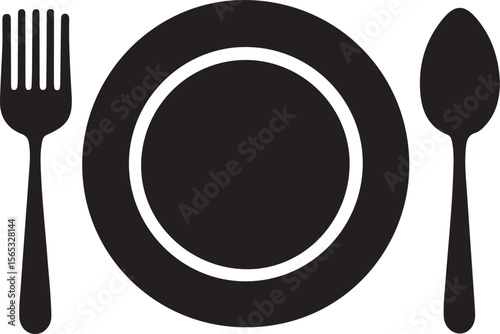 Dinner Plate with Fork and Spoon Silhouette Vector Illustration on Transparent Background