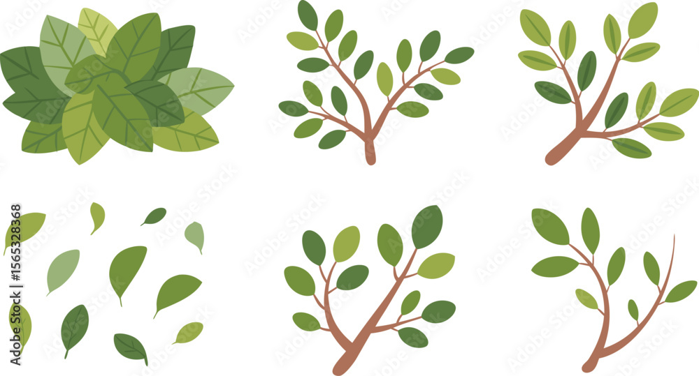 Obraz premium Cartoon Green Leaves Illustration with Branches and Loose Foliage on a White Background