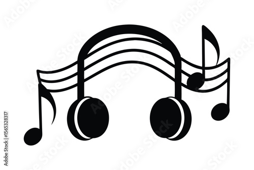Music Notes with Headphones smooth vector silhouette illustration