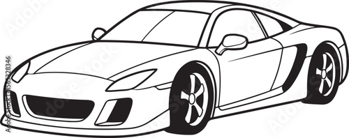  clean and detailed black and white line art illustration of a sleek luxury sports car.