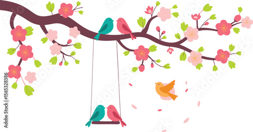 Cartoon Illustration of Birds on a Blossoming Tree Branch with Swing and Falling Petals
