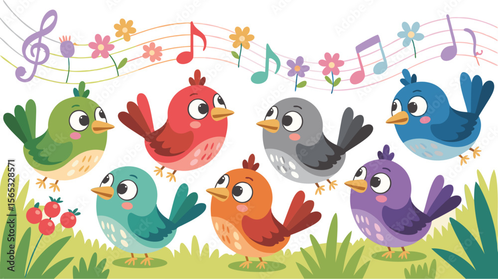 Obraz premium Colorful Cartoon Birds Singing in Harmony with Musical Notes and Flowers Illustration Art
