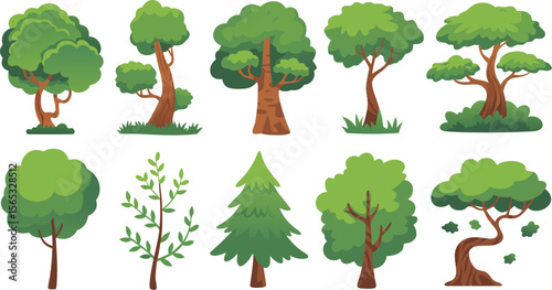 Collection of Cartoon Tree Illustrations Deciduous, Pine, and Bare Branch Trees on White Background