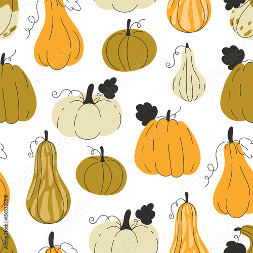 Seamless autumn pumpkin pattern in flat style on white background