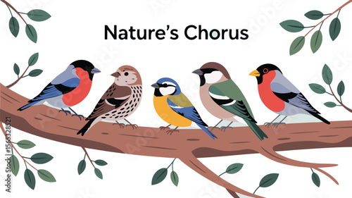 Colorful Bird Illustration Bullfinch, Sparrow, Blue Tit, and Hawfinch Perched on Branch With Leaves