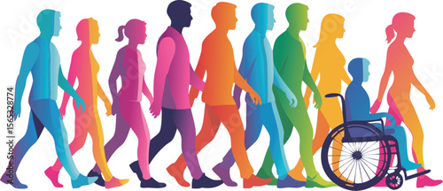 Diverse Group of Colorful People Walking Together Including Person in Wheelchair Silhouette Illustration