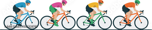 Four Cyclists Riding Bikes in a Row Wearing Colored Jerseys and Helmets Flat
