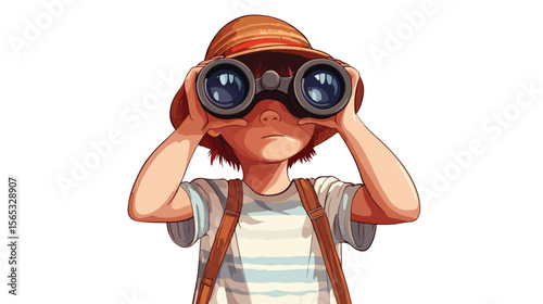 Young boy exploring with binoculars on white background