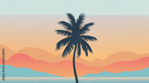 Silhouette of Palm Tree Against Gradient Sunset Sky and Water, Minimalist Tropical