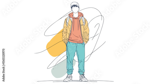 Professional Boy Modeling Continuous Line Flat Vector Illustration