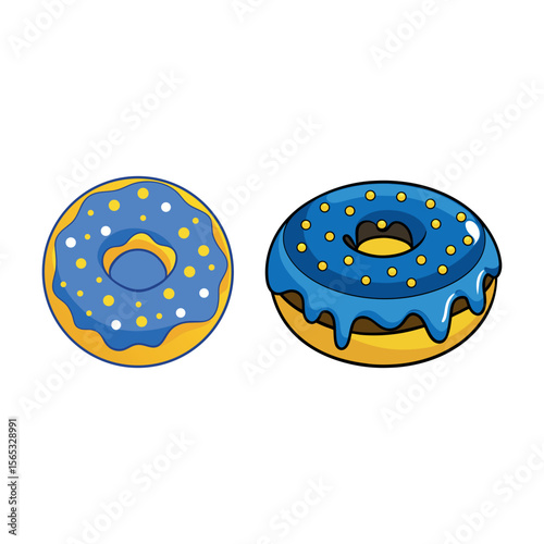 A drawing of a donut with blue icing and yellow polka dots