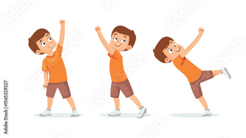 Young boy practicing stretch exercise in flat vector illustration