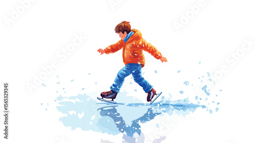 Young Boy Practicing Ice Skating: Flat Vector Illustration