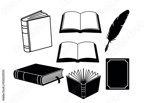 Vector Illustration of Books, Quill, and a Notebook. Collection of open books with scrolls, inkwells, quills, and candles. black and white vector graphic features various book styles, including open.