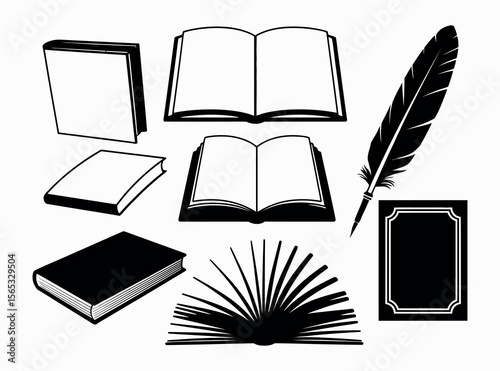 Vector Illustration of Books, Quill, and a Notebook. Collection of open books with scrolls, inkwells, quills, and candles. black and white vector graphic features various book styles, including open.