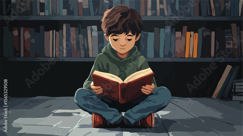 Young Boy Reading a Book - Flat Vector Illustration