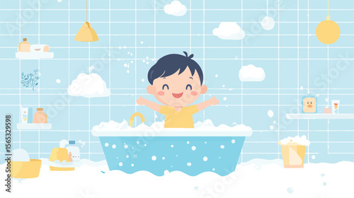 Cute Boy Shower Card Flat Vector Illustration