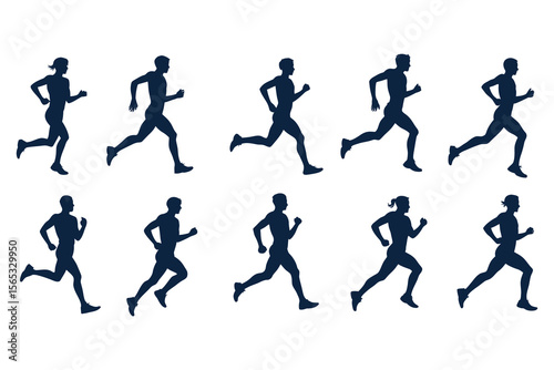 Running and jogging silhouette vector set, side view group of male and female runners

