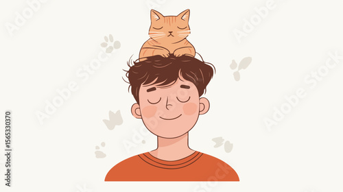 Playful Boy with Cat on Head Flat Vector Illustration
