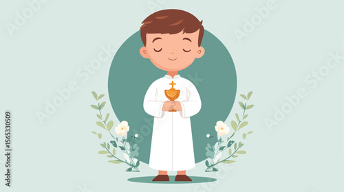 Young Boy with First Communion Chalice Flat Vector Illustration