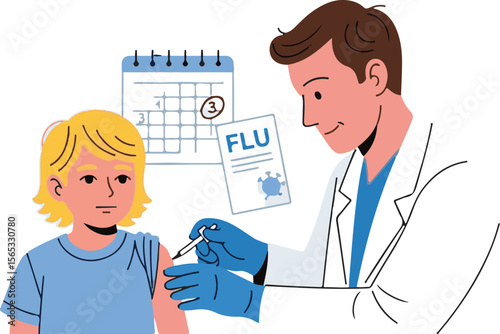 Doctor administering flu vaccine to a young child, appointment calendar and medical form visible.