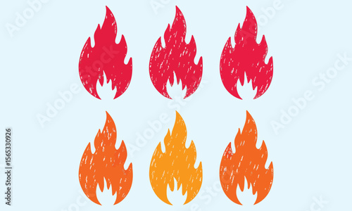 Crayon drawn fire flames icons collection. Hand drawn doodle flames stickers. 