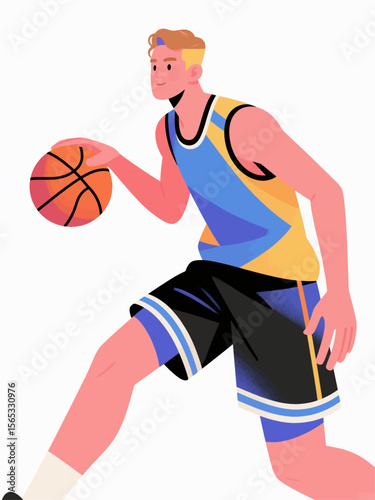 Vector illustrations of basketball sports, flat hand-drawn graphic design, athletes holding basketballs in motion, dribbling and shooting, dynamic figures jumping and running