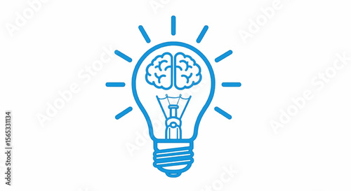 Lightbulb with a brain inside and rays emanating from it in a blue outline on a white background
