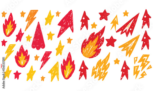 Crayon drawn fire flames icons collection. Hand drawn doodle flames stickers. 
