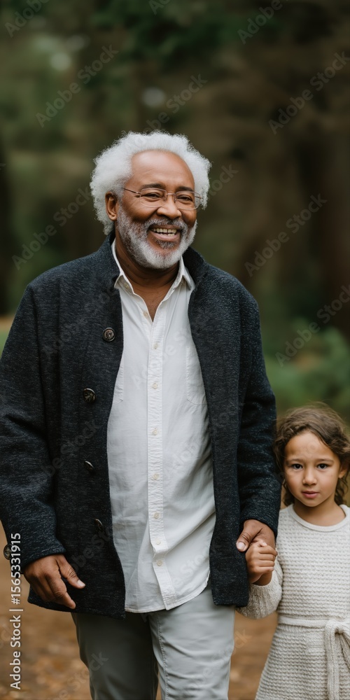 Elderly african male and young hispanic female enjoying a nature walk together Elderly african male and young hispanic female enjoying a nature walk together