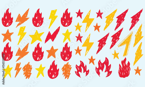 Crayon drawn fire flames icons collection. Hand drawn doodle flames stickers. 