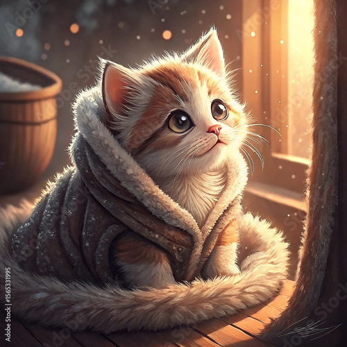 Adorable Ginger Kitten in Cozy Winter Coat, Warm Golden Light, Hopeful Gaze, Winter Wonderland Scene, Digital Painting