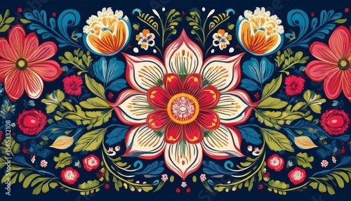 colorful rosemaling floral design showcasing traditional norwegian folk art with vibrant petals and intricate leaves