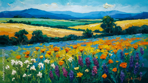 Fototapeta Naklejka Na Ścianę i Meble -  A vibrant oil painting of a rural landscape with rolling hills and wildflower meadows