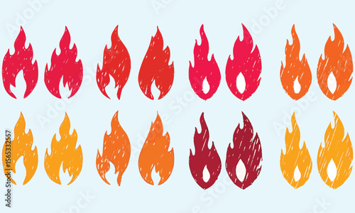 Crayon drawn fire flames icons collection. Hand drawn doodle flames stickers. 