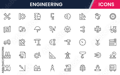 Vector illustration web line icon collection for engineering tools, blueprints, gears, and technical symbols in a precise, modern, and innovative design style.