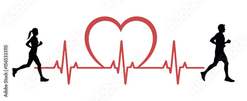 Running, Heart, Healthy Heart. Medical and Health Care Vector Design Templates. Healthy Heart People Running with a Cardiogram. running, cardio, exercise, healthy heart, fitness, wellness, woman, man,