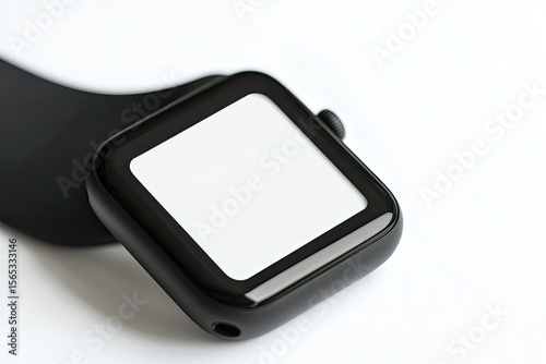 Modern Technology and Object Concept Close Up of Black Smart Watch with Buttons on Screen