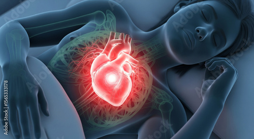 Visualization of human heart health. Image of glowing heart showing obstruction during sleep in a person lying in bed. Medical and healthcare concept.
